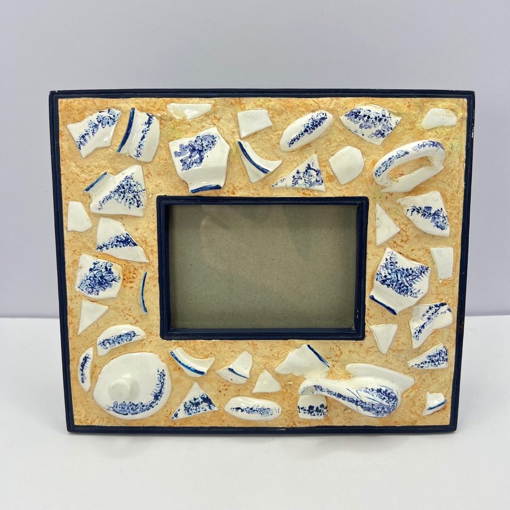 Blue & White Mosaic Broken‎ Teapot Picture Frame 3x5 Shabby Chic Cottage Artisan